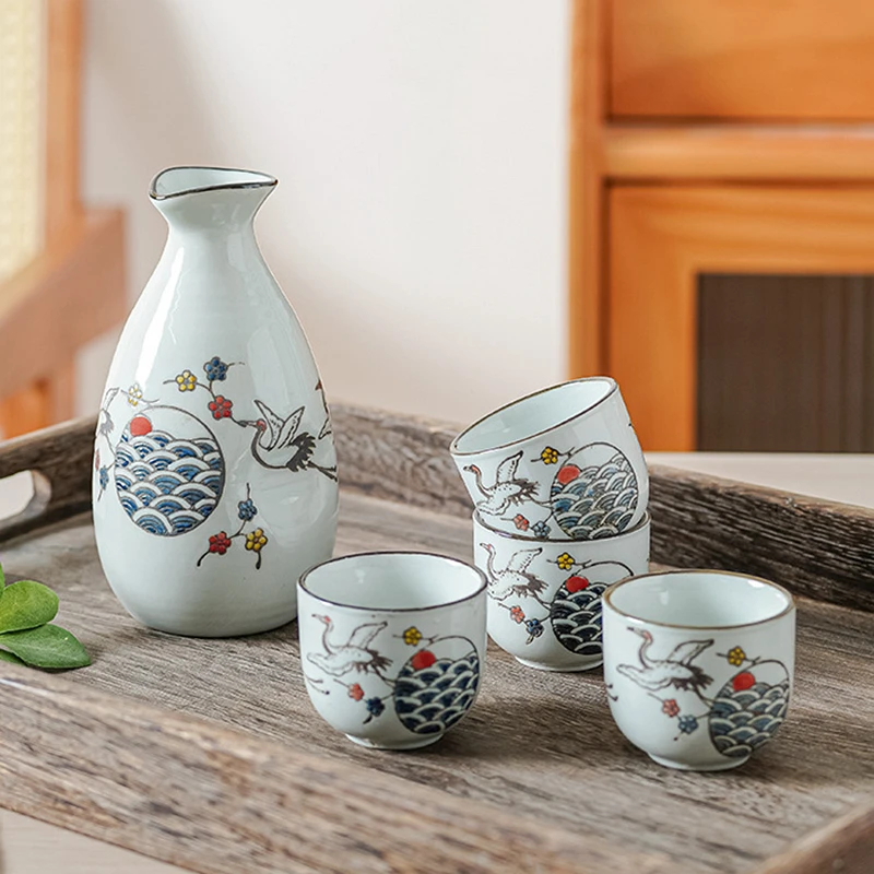 Japanese Sake Set Crane Design Wine Cup Korean Soju Glasses Porcelain Saki Pot Cup (1 Pot + 4 Cups) Dishwasher Safe