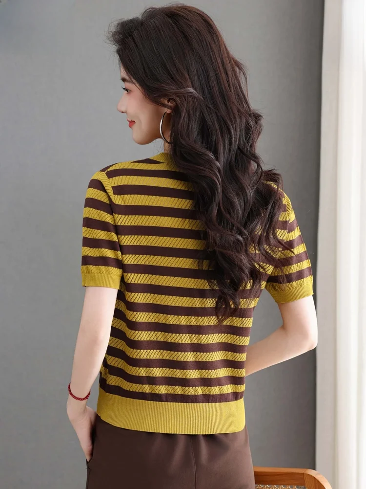 Elegant Striped Silk Knitted Short Sleeve T-Shirt Women's Summer New Style High-End Ice Silk Top Comfortable Breathable round...