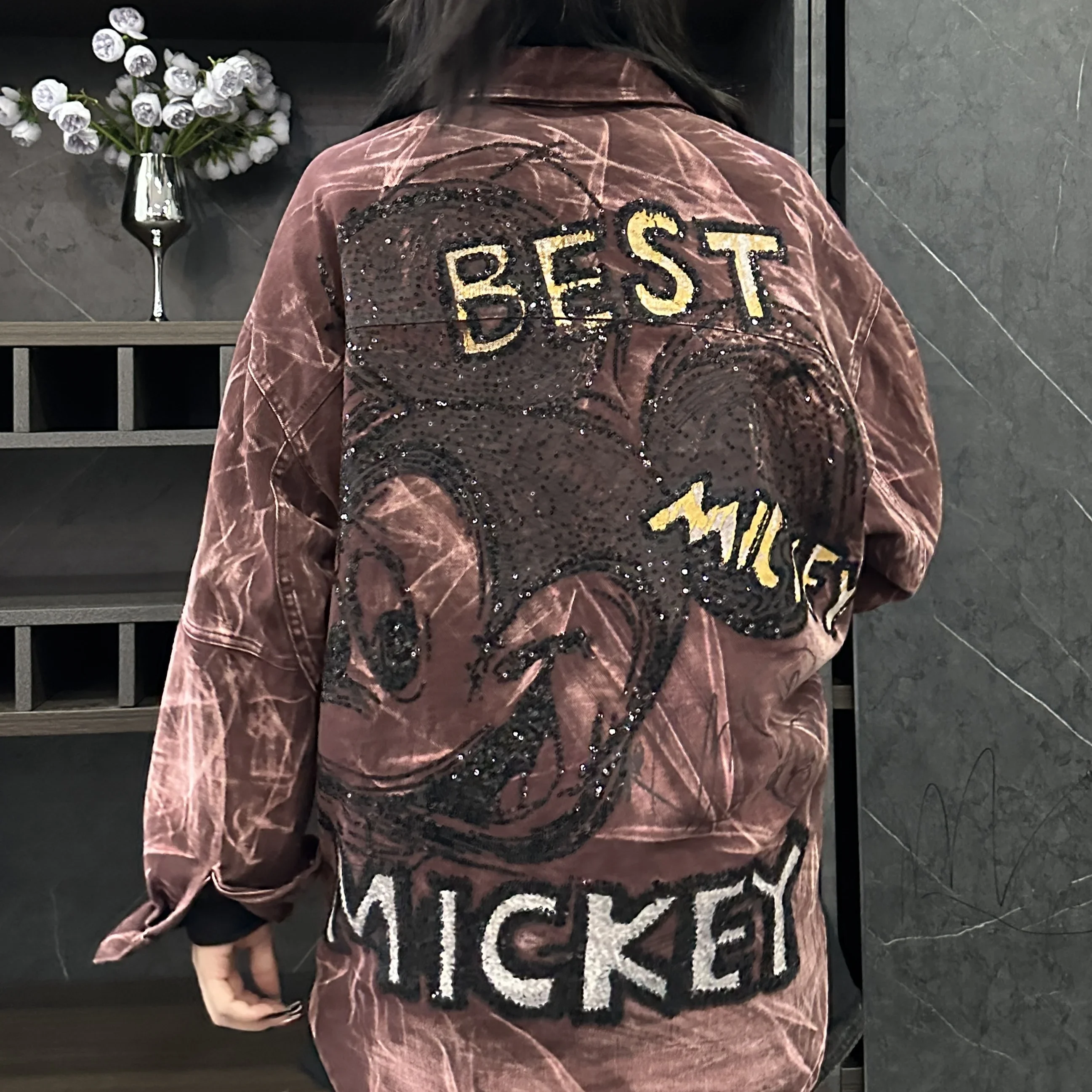 Spring and Autumn New Heavy Industry Cartoon Printed Sequin Denim Shirt Jackets for Women Fashion Mid Length Loose Coats