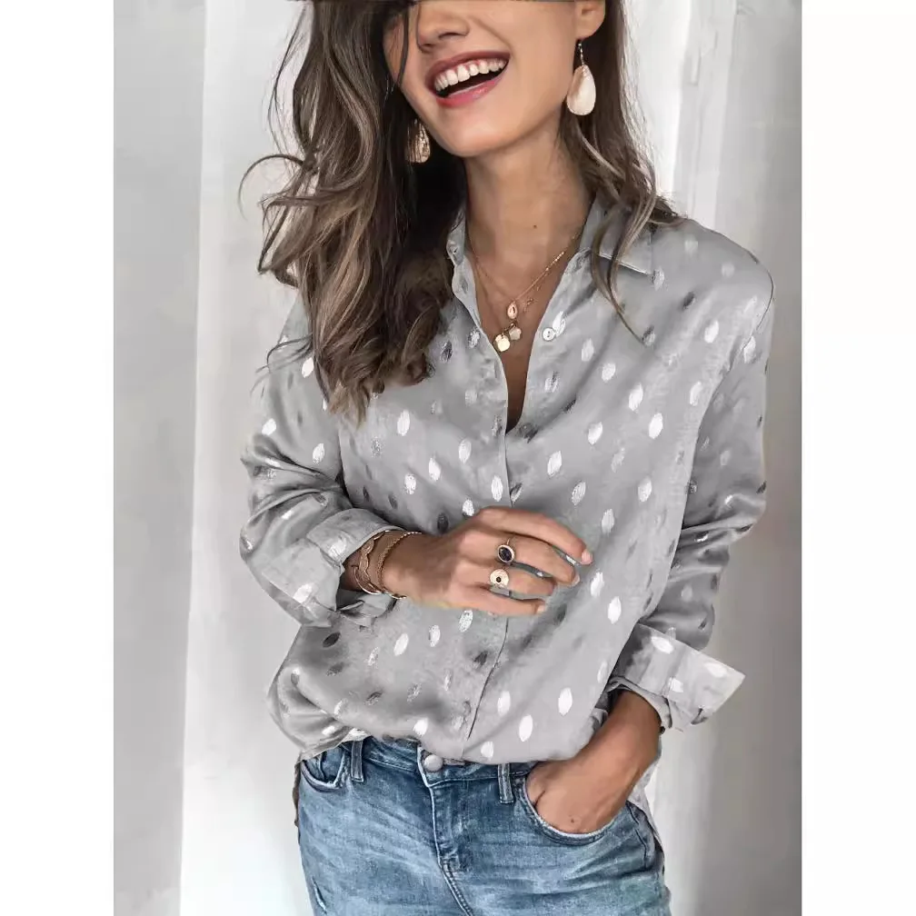 

Gold Stamp Polka Dot Printed Long Women's irt Casual Loose Fit Collar Button down Summer Ladies Top