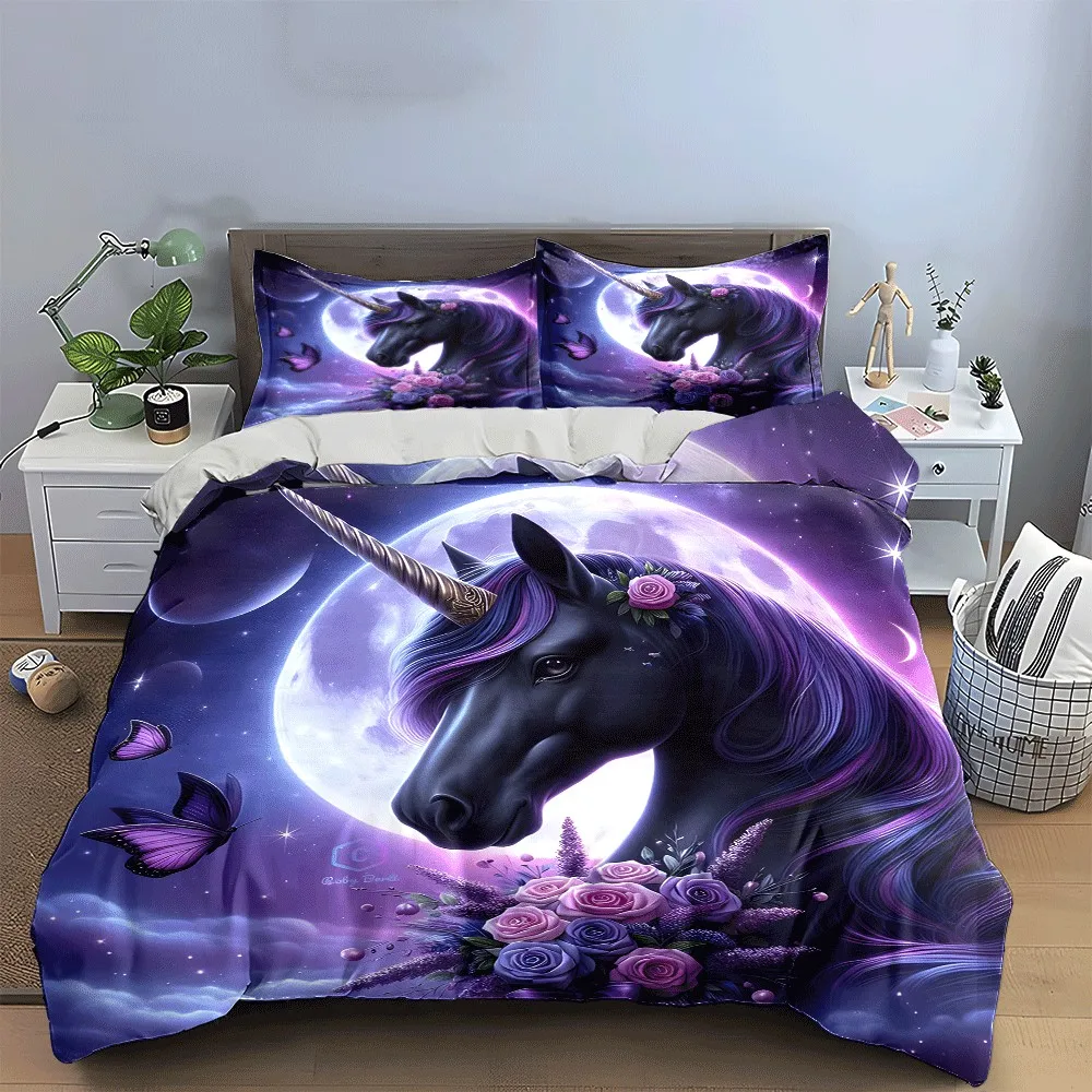 Unicorn-Themed Fantasy Night Decor Exquisite three-piece bedding set gift for kids and adults