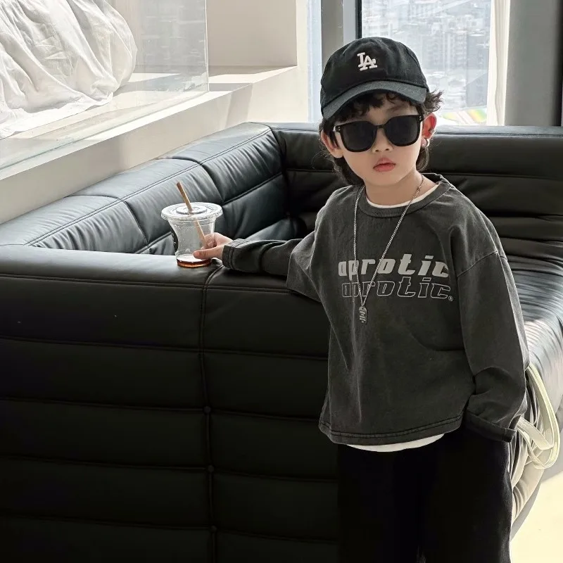 

2025 Boys' Spring and Autumn Clothes Handsome Boys' Long Sleeved T-shirt Washed and Worn Cotton Base Shirt