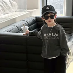 2025 Boys' Spring and Autumn Clothes Handsome Boys' Long Sleeved T-shirt Washed and Worn Cotton Base Shirt