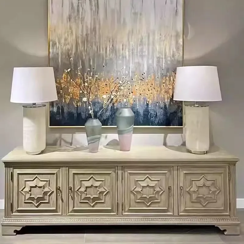 American Solid Wood TV Cabinet French Engraved Retro Old Ivory White Dining Sideboard Villa Living Room Complete Furniture