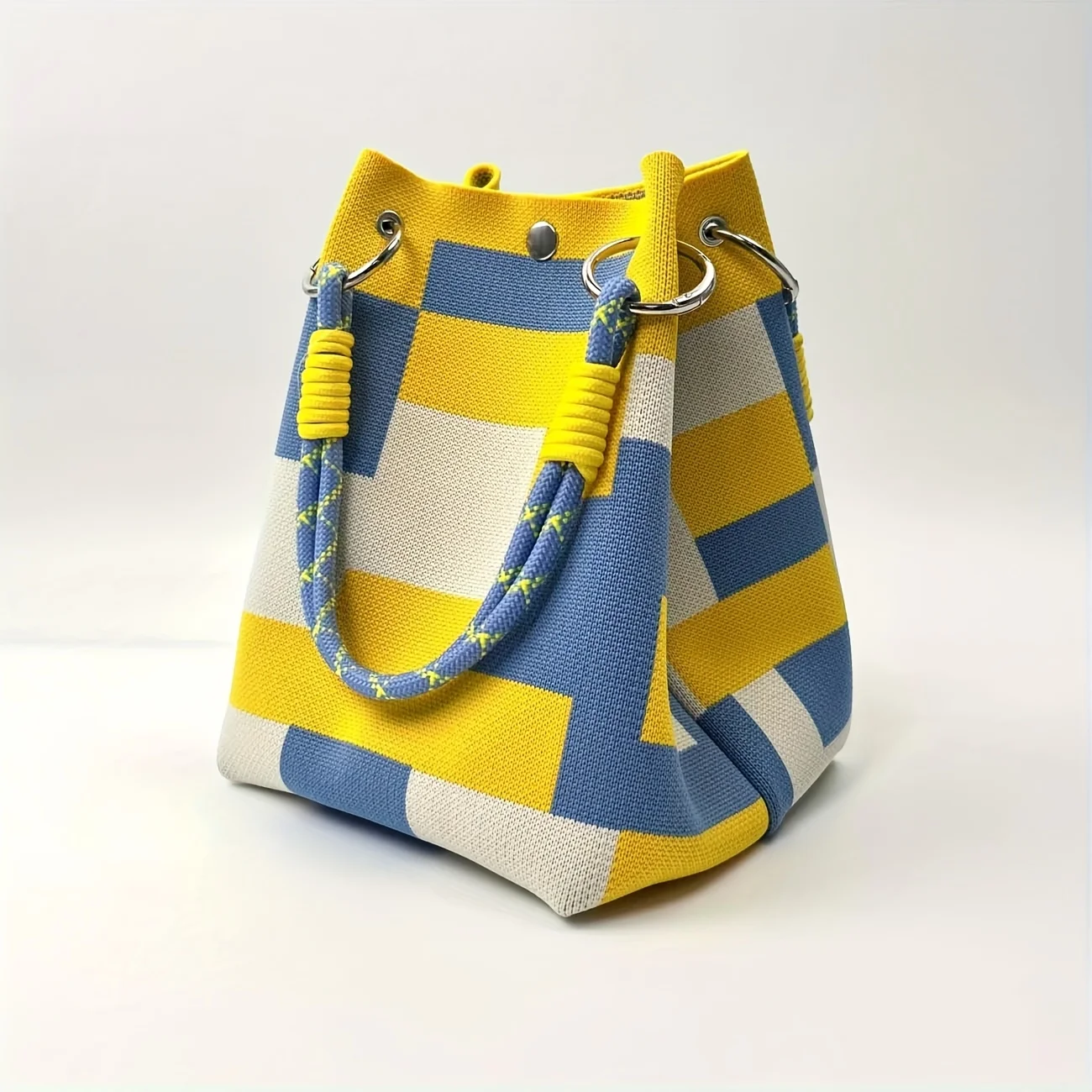 Mini Knit Handbag, Striped Crochet Bucket Bag, Women Geometric Colorblock Wristlet Purse, Lightweight Summer VacationTote Bag