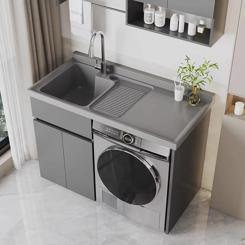 Mueble de lavandería minimalista nórdico creativo para balcón, con lavabo de aluminio tipo panal y lavadora integrada, mobiliario de baño FYLC