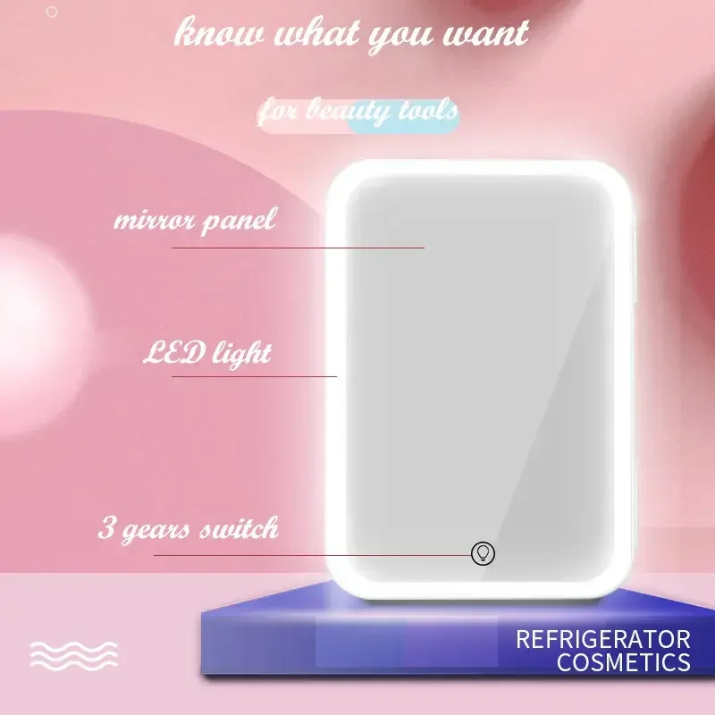 Mini Beauty Refrigerator with Dimmable LED Light Mirror 8L Car Refrigerator Portable Mini Freezer Makeup Mirror Refrigerator