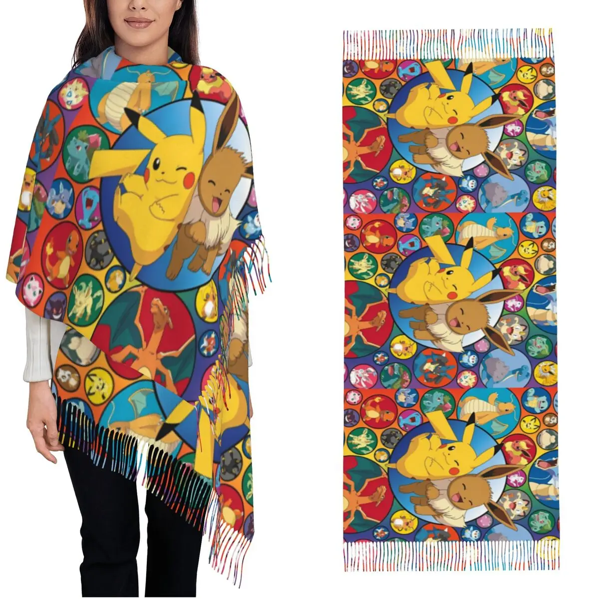 Pokemon Pikachu Anime Shawl Wraps for Women Warm Large Long Scarf Cute Cartoon Game Pashmina Shawl Scarves