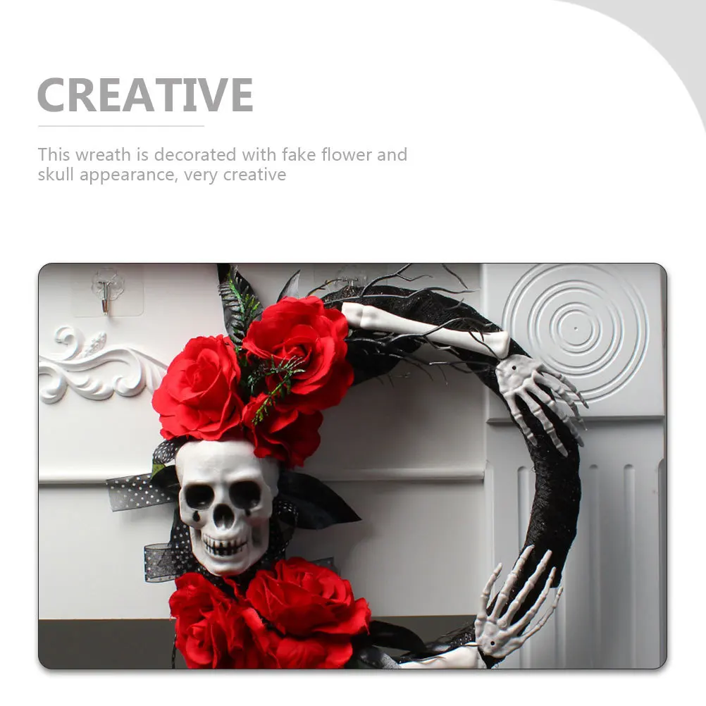 

Scary Skull Wreath Artificial Rose Design Halloween Front Porch Wall Mantel Door Decoration Party Pendant Scary Wreath