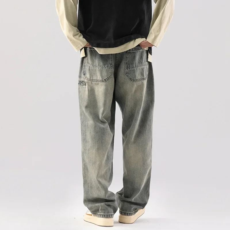 Korean Fashion New In Denim Mens Pants Solid Color Wide Leg Straight Bottoms Loose Jeans Streetwear Men Clothes Y2k