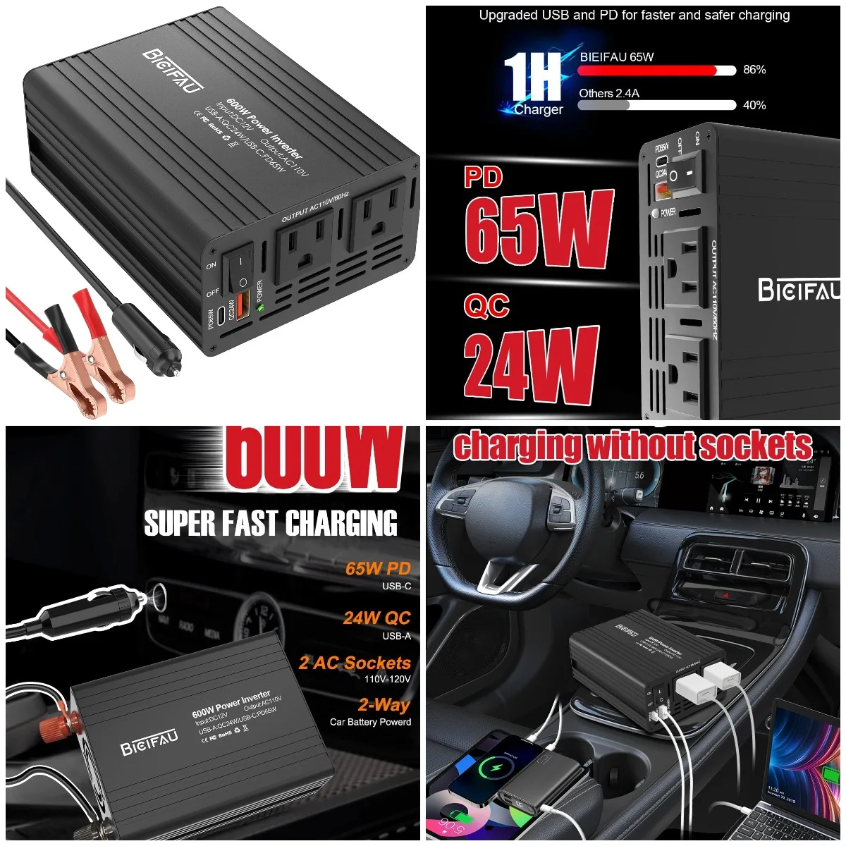 

600W Inverter 12V to 110V DC to AC Car Power Inverter with 65W USB-C & 24W USB-A, Dual AC Sockets for Phone, Laptop, Camping, Ro