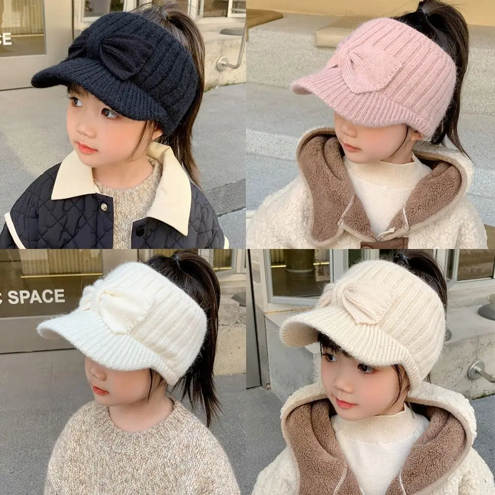 New Empty Top Ear Protection Hat Bow Knitted Duck Tongue Hat Earmuffs Cap Children