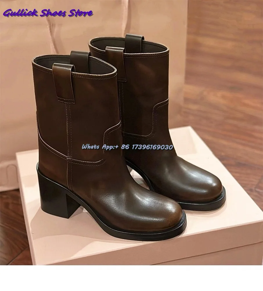 Concise Brown Women's Boots Leather Round Toe British Style Square Heel Autumn Winter Short Pull On Office Lady Fashion Shoes