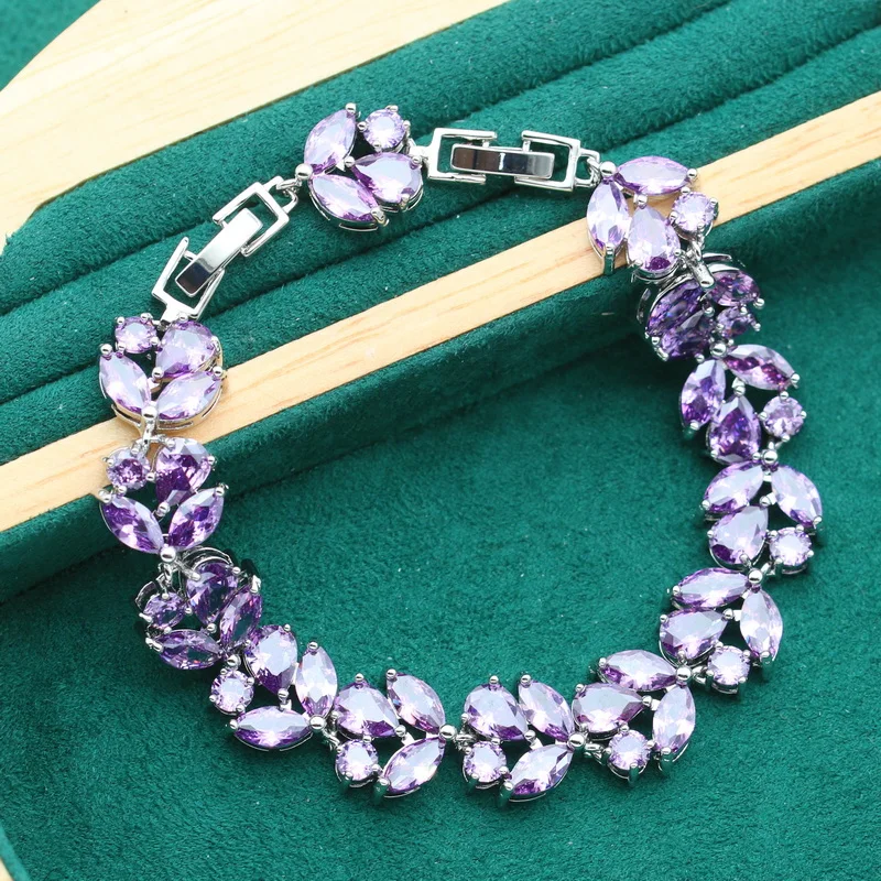 Luxurious Purple Zircon 925 Sterling Silver Jewelry set for Women Wedding Bracelet Earrings Necklace pendant Ring Holiday Gift