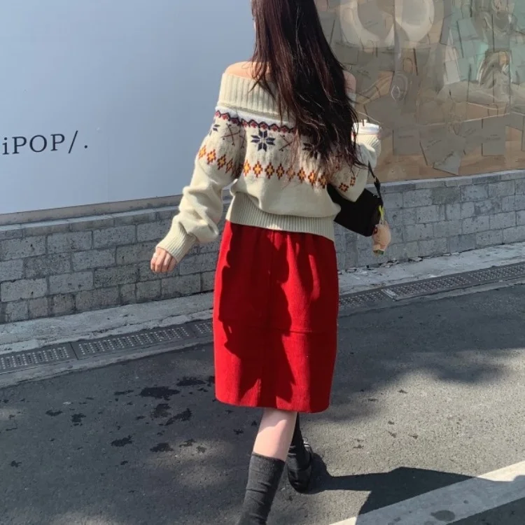 High Waist Corduroy Midi Skirt for Women Cisas Red Versatile Faionable Autumn Winter Design kets Ci Commute