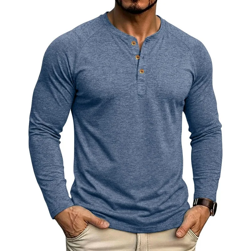 Men Three Buttons Henley Long Sleeve T Shirt Slim Fit Basic Undershirt For Amazon Cross Border Wholesale