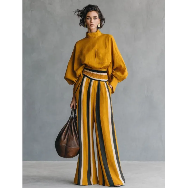 Color Blocked Striped Printed Two-piece Set Women's Autumn Fashion Stand Up Collar Short Top With Wide Leg Pants Office Outfit