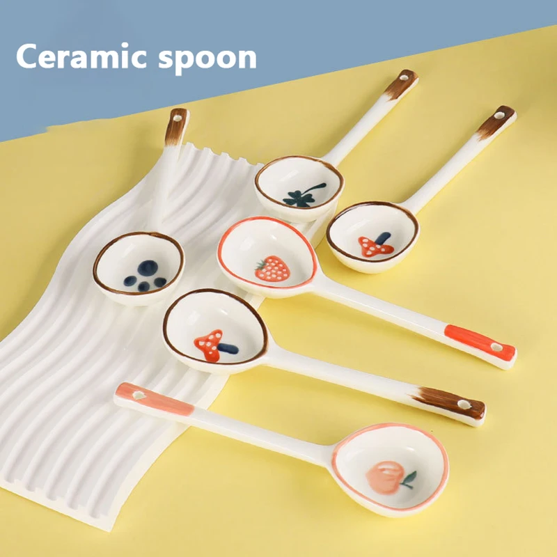 Kawaii Strawberry Ceramic Soup Spoon Cute Ice Cream Hand Painted Coffee Dessert Long Handle Spoon Kitchen Accessories