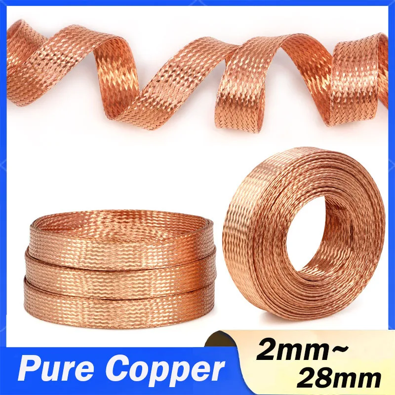 1/2/5M Bare Copper Braid Cable 2mm-28mm Flat Pure Copper Braided Wire Ground Lead Metal Shielding Braided Sleeving Cable Harness