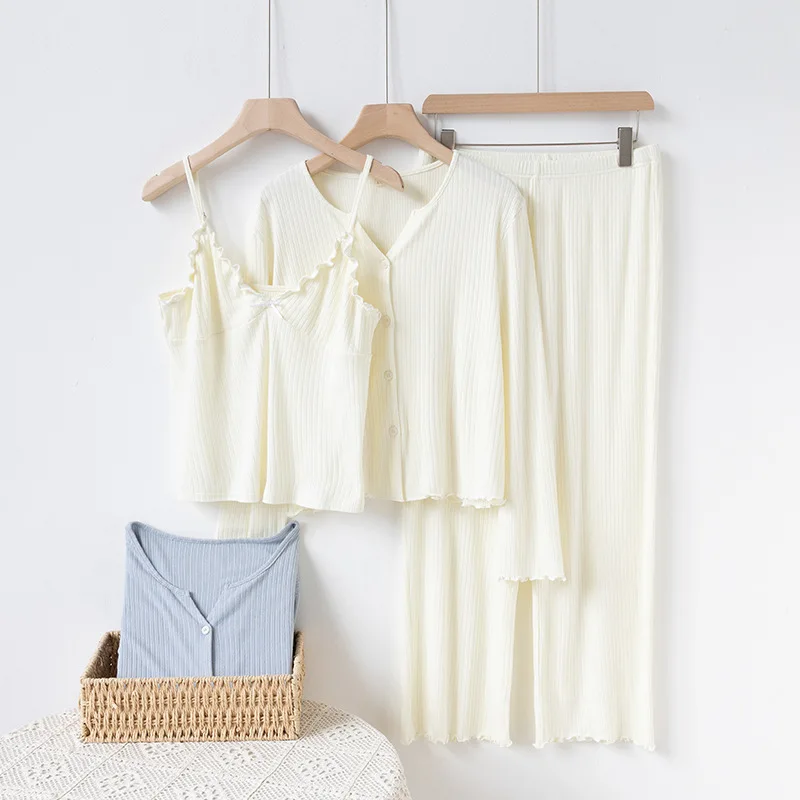 2026 Spring and Autumn Pajamas V-neck Suspender Three-piece Set Women's Cardigan Jacket Can Be Worn Outside Women's Pajamas