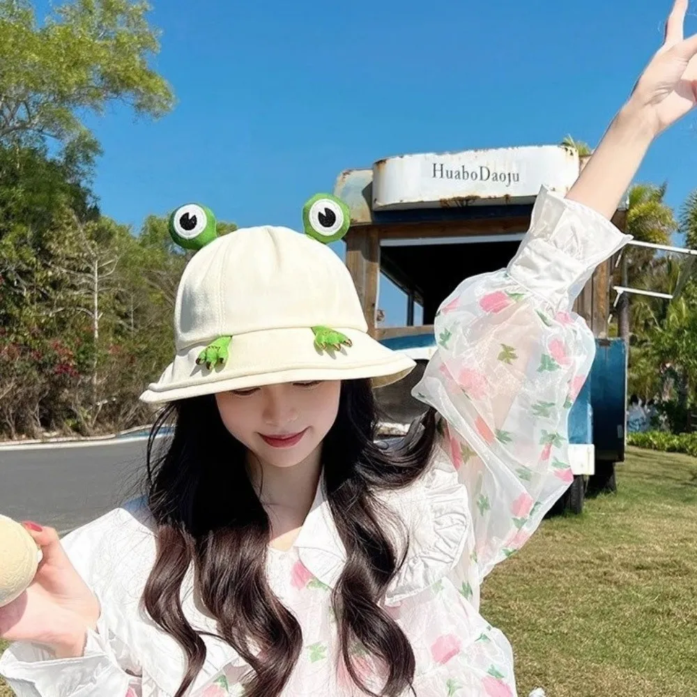 Big Brim Frog Fisherman Hat Breathable Sun Protection Women Bucket Hat Cotton Fabric Cartoon Cute Sun Visor Hat