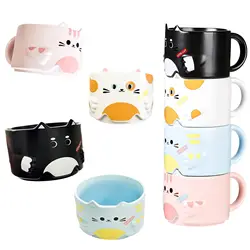 Cat Mug Set of 4 Stackable Porcelain Cute Coffee Mug Set Gifts for Cat Lovers,Funny Coffee Mugs with Cartoon Cat Designs 300ML