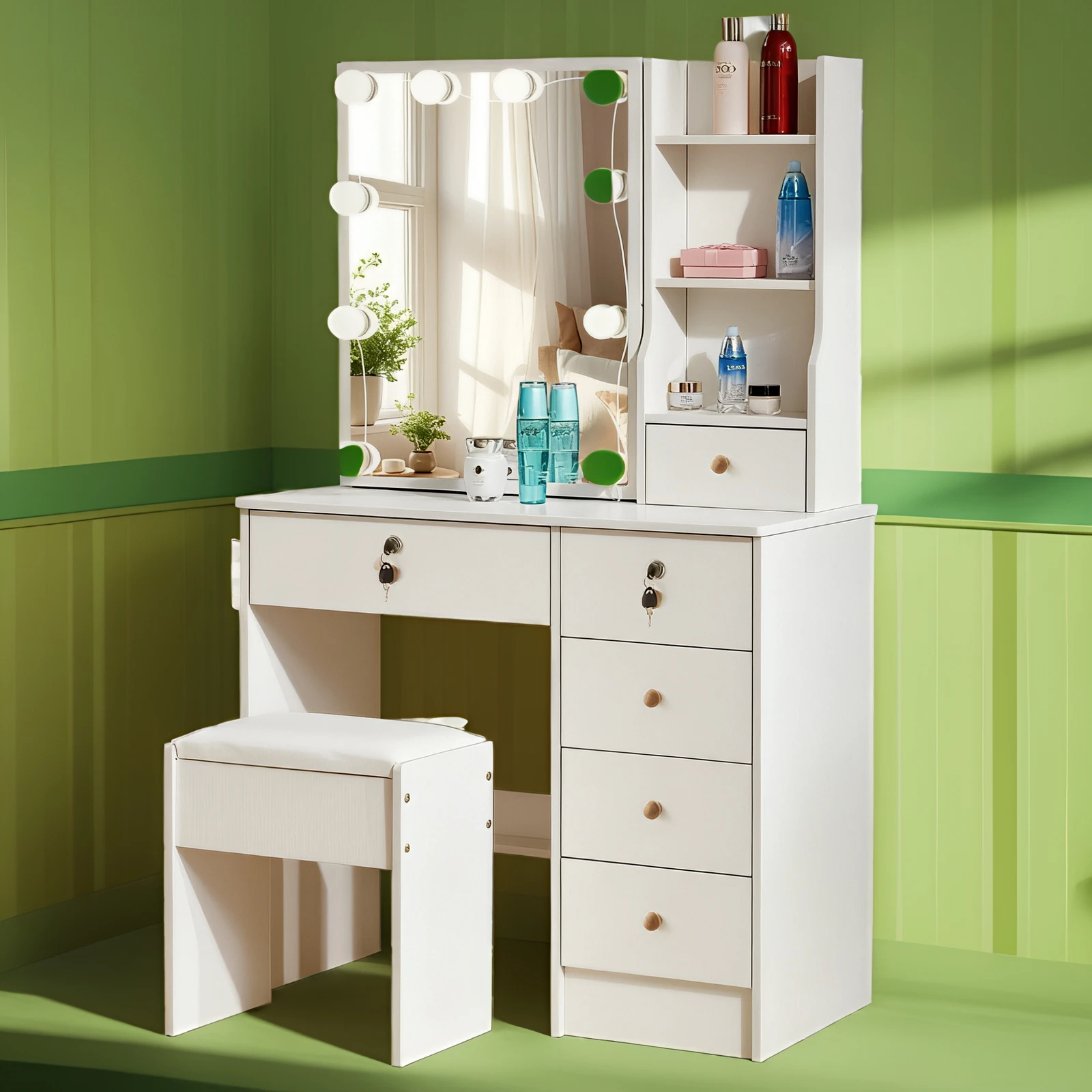 Dressing Table 6 Drawers LED Mirror Stool Set Vanity Table Bedroom Makeup Desk