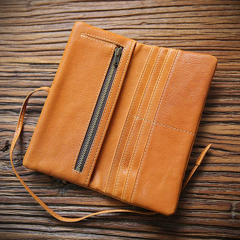 Genuine Leather Wallet For Men Women Cowhide Vintage Handmade Long Bifold Clutch Purse With Card Holder Zipper Coin Pocket Bag