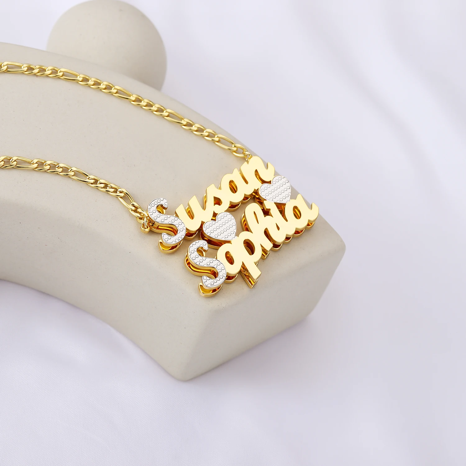Neue personalisierte Namensschild-Namenskette, individuelle 3D 18 Karat vergoldete doppelte Diamant-Choker-Anhänger, zweifarbige Kette, Muttertag – Detail 4