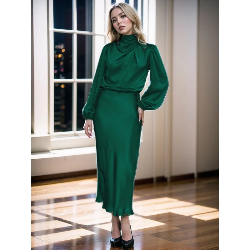 Women's Satin Long Sleeve Loose Dress, Elegant Women's Clothing, Evening Skirt, High-Grade Sense, Autumn, New, 2022