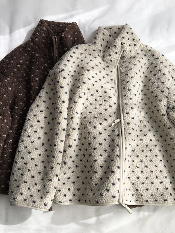 Authentic 2026 Autumn Winter Polka Dot Lamb Velvet Thickened Jacket Stand Collar Zipper Open Cardigan Warm Clothes Women's Fa...