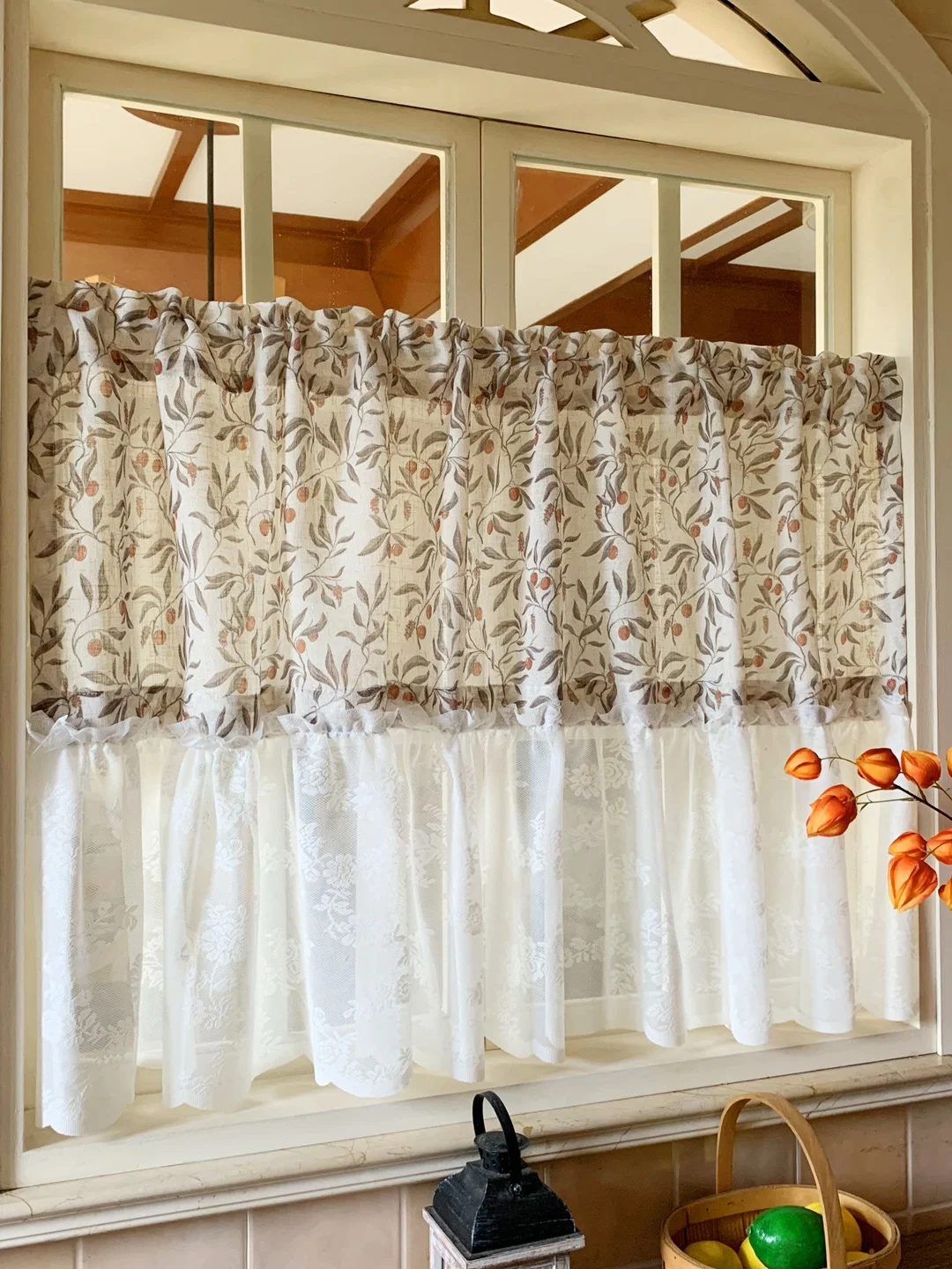 Modern Simple Lace Print Patchwork Curtain, Warm Tone Short Curtains, Filter Light Sunshade Dustproof, Bedroom Living Room Decor