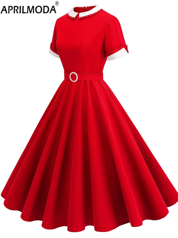 Vintage Patchwork Casual Midi Long Short Women's Dress Elegant Kawaii Solid Red Blue Elegant Swing A Line Flare Rockabilly Dress