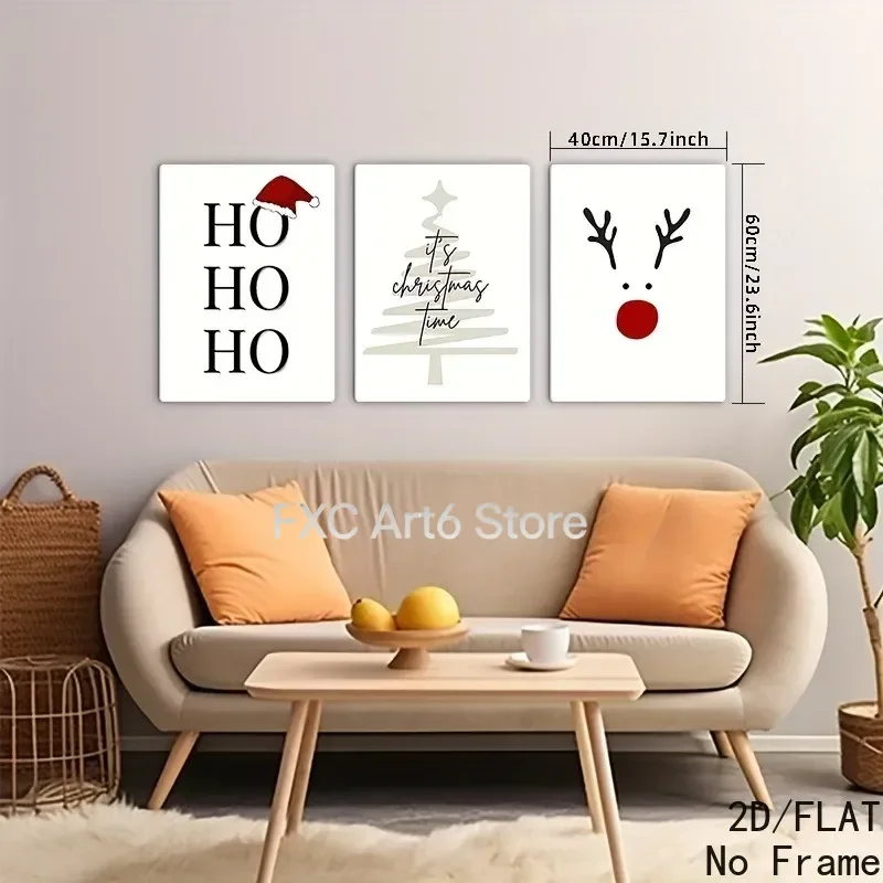 3pcs frameless -2D Flat,  Christmas Holiday Abstract Style Art Canvas Paintings, Letter and Reindeer Art Decor, Mo