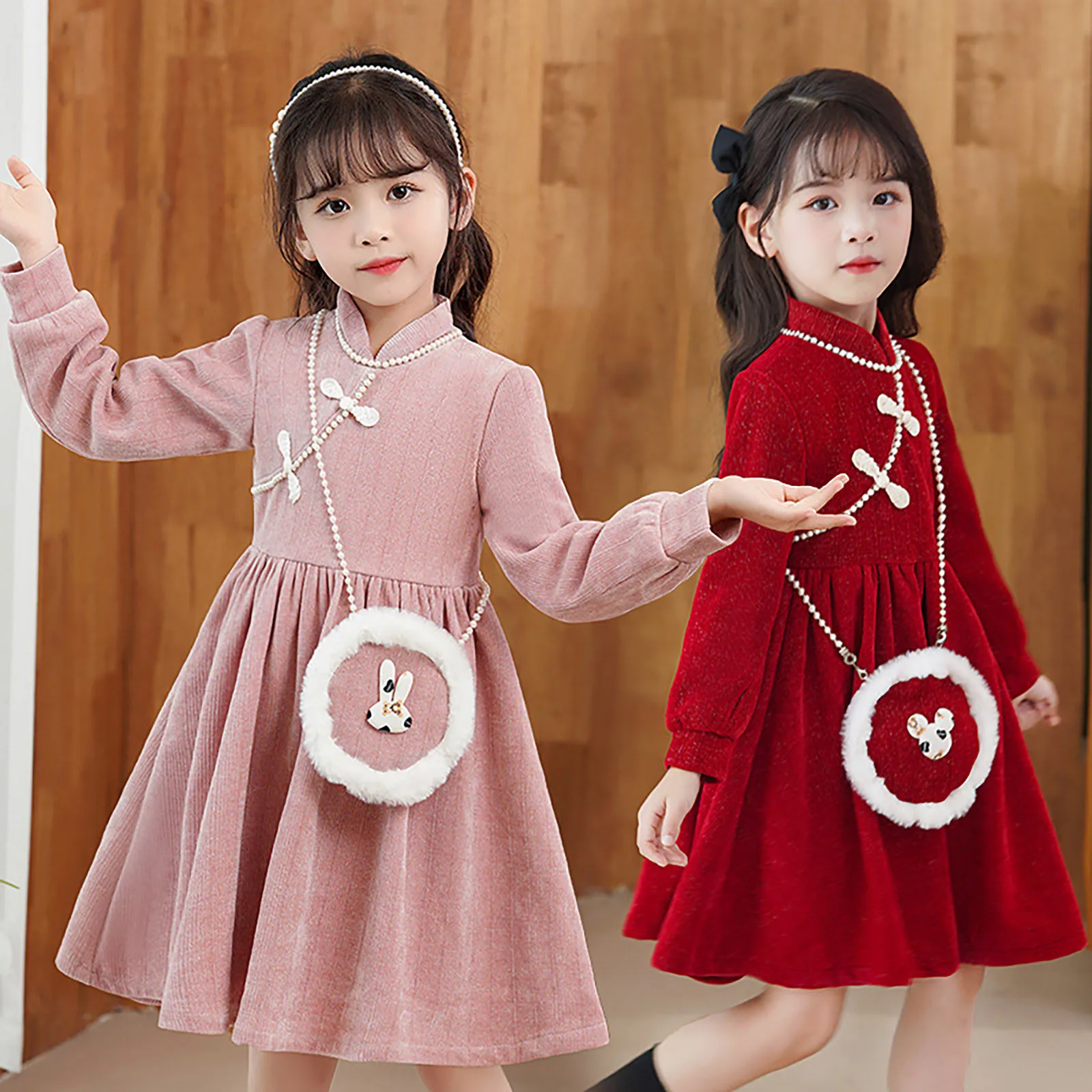 Kids Children New Year'S Long-Sleeved ' Cheongsam Dress Princess Girls Long Sleeve New Year Red Dress Thicken Warm With Bag