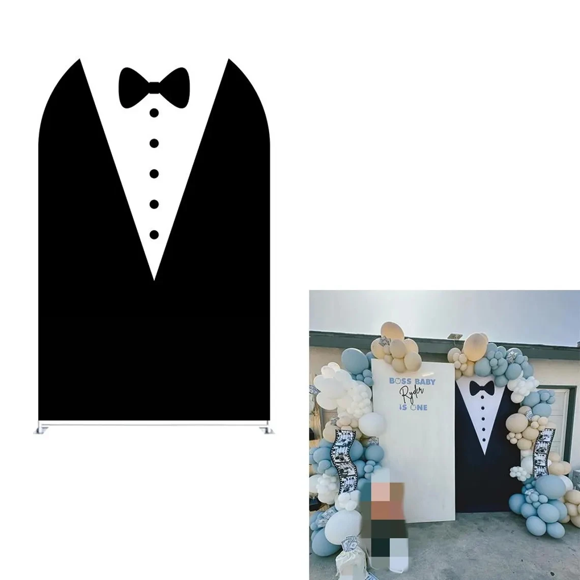 LS مخصص 2-الجانب أسود أبيض شريط القوس بوس بنين حفلة عيد ميلاد استحمام الطفل غطاء كيارا قوس جدار خلفية ديكور خلفية #2