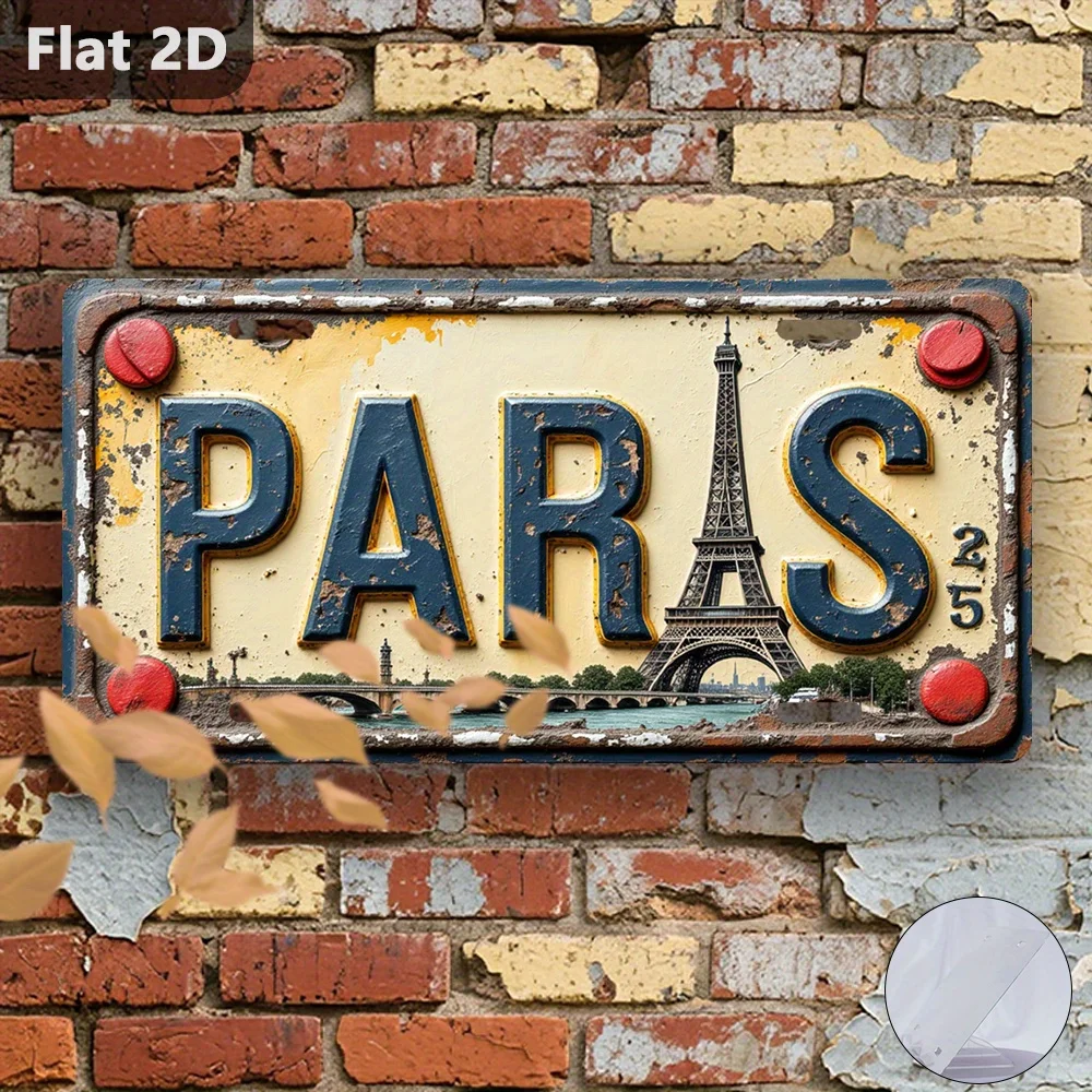2D Flat - A Vintage Sign Featuring a 2D, Measuring 30.48 cm by 14.99 cm, Depicting The Eiffel Tower in Paris. This Is a Souvenir
