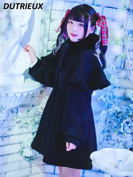 

Autumn Winter Japanese Long Sleeve Single-Breasted Cape Jacket Loose Overcoat Mid-Length Sweet Girl Black Bow Woolen Coat