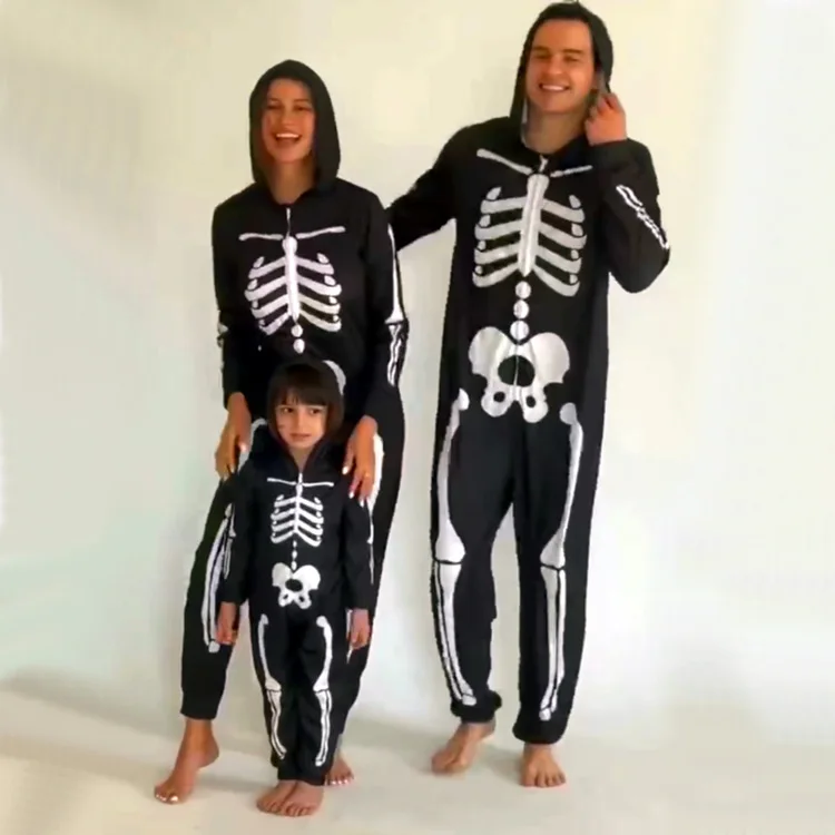 Halloween Family Costume Skeleton Print Hooded Jumpsuit Pajama Halloween Family Matching Mom Dad Kids Halloween Theme Party Suit