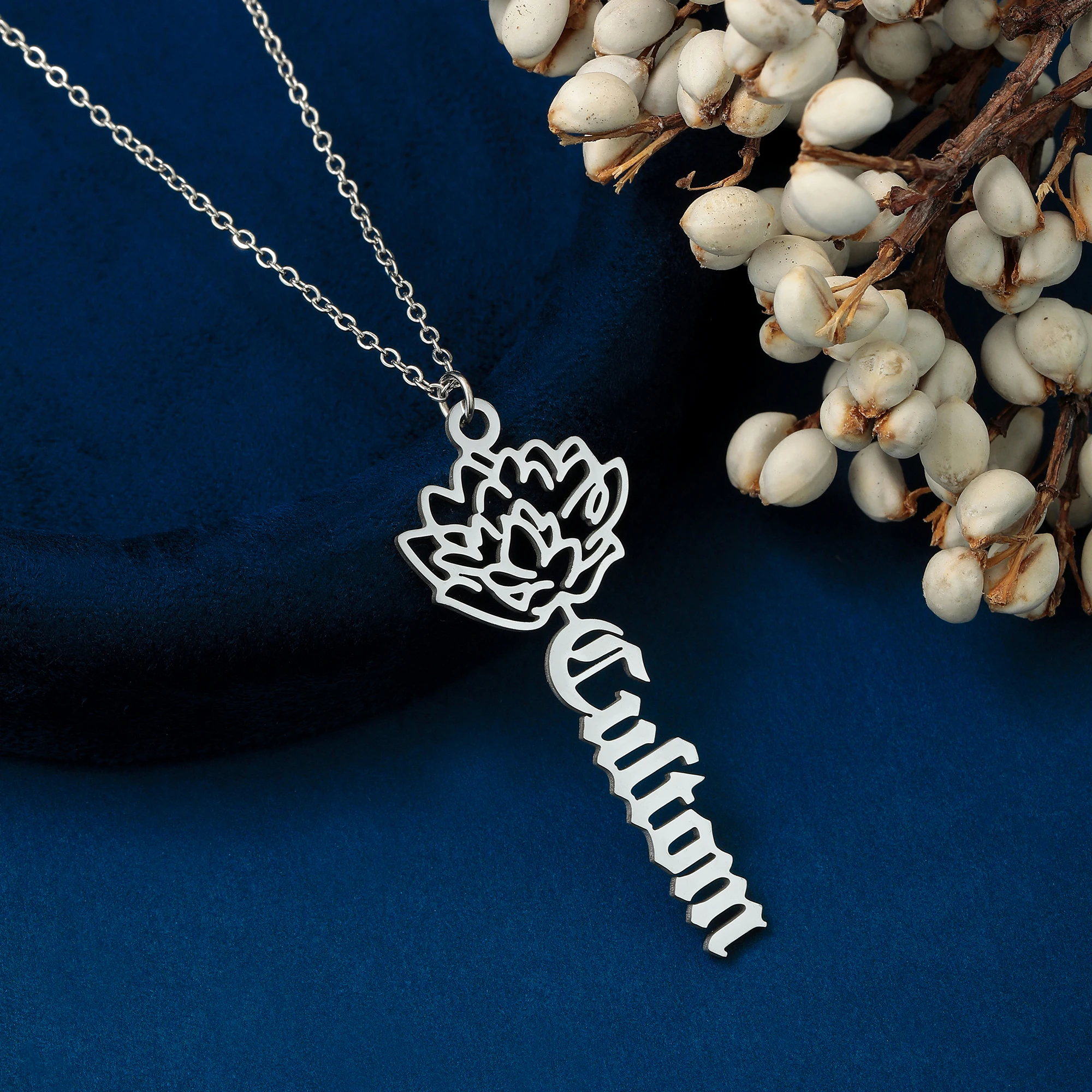 Customized Name Necklace Elegant Lotus Flower Pendant Stainless Steel Women Jewelry Birthday Gift