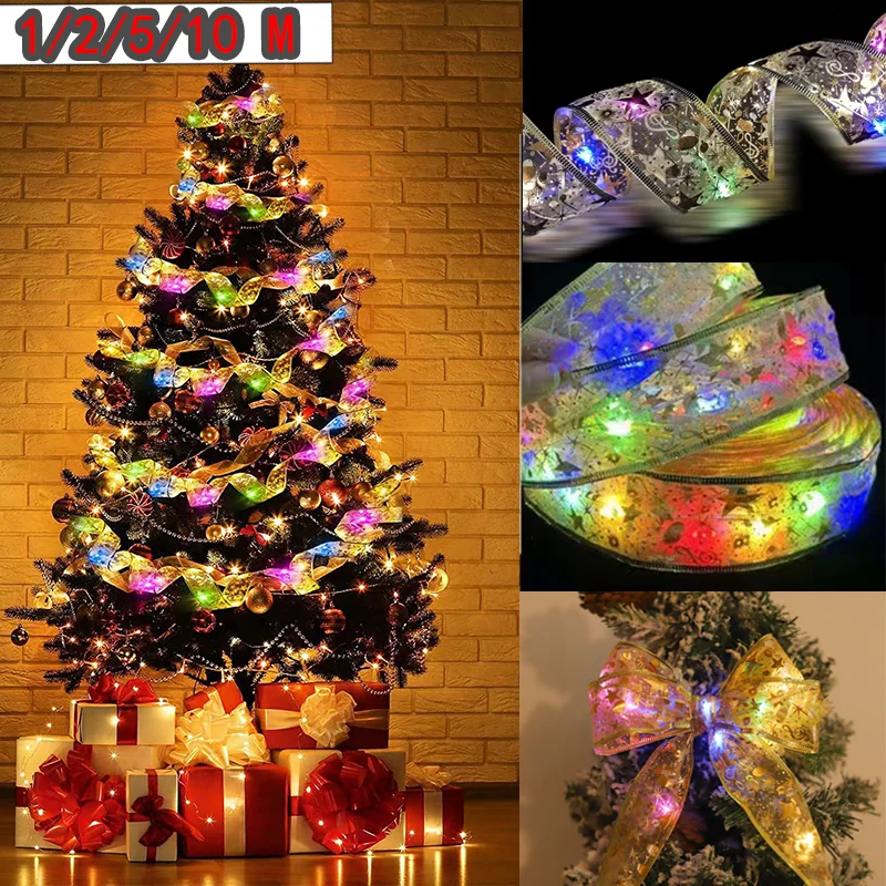 

1/3/5/10M LED Christmas Tree Fairy Ribbon Lights String Navidad Natal Christmas Decoration 2024 Home Decor Ornament Accessories