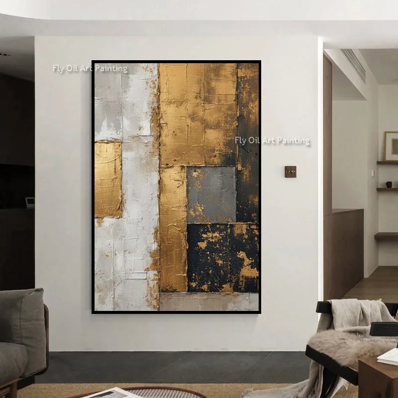 Dark Golden Impasto Canvas Wall Art Abstract Geometric Texture Oil Painting Luxury Wall Art Decor For Living Hall