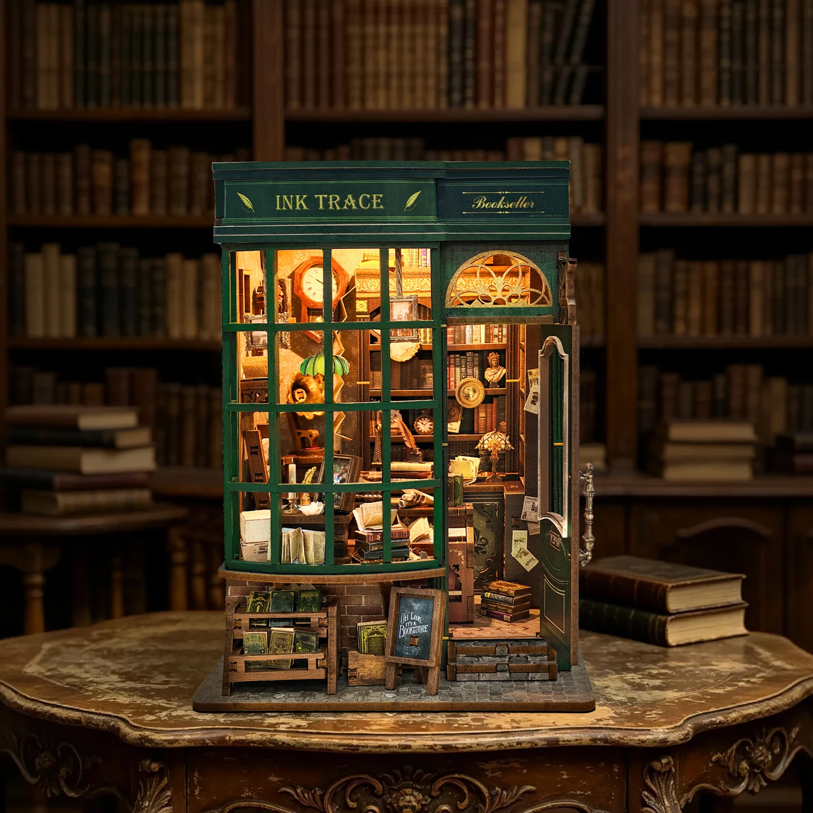 DIY Wooden Miniature Model Kits Ink Trace Bookstore 3D Puzzle Dollhouse With Furniture Lights for Friends Birthday Gifts