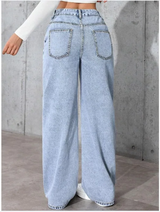 Gewaschene gerade Denim-Hose für Damen, weites Bein, Vintage-Schleppjeans, Distressed-High-Street-Hose, lässige Streetwear