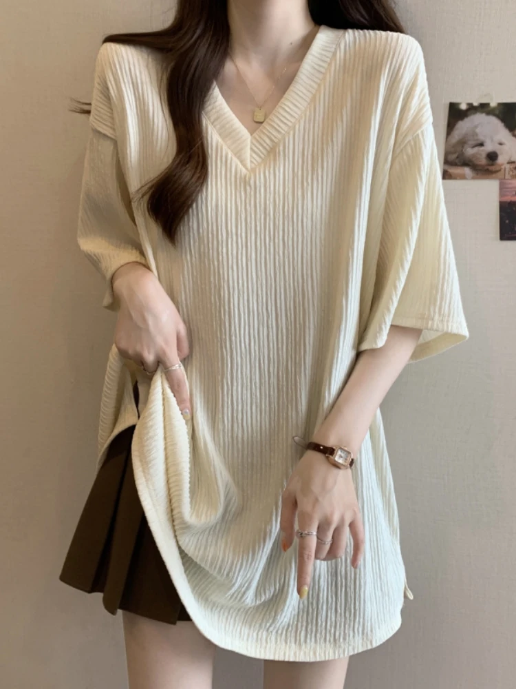 Loose V-Neck Short Sleeve T-Shirt Women's Summer Fashion plus Size Base Shirt Slimming Belly Covering Mid-Length Sleeveless Top