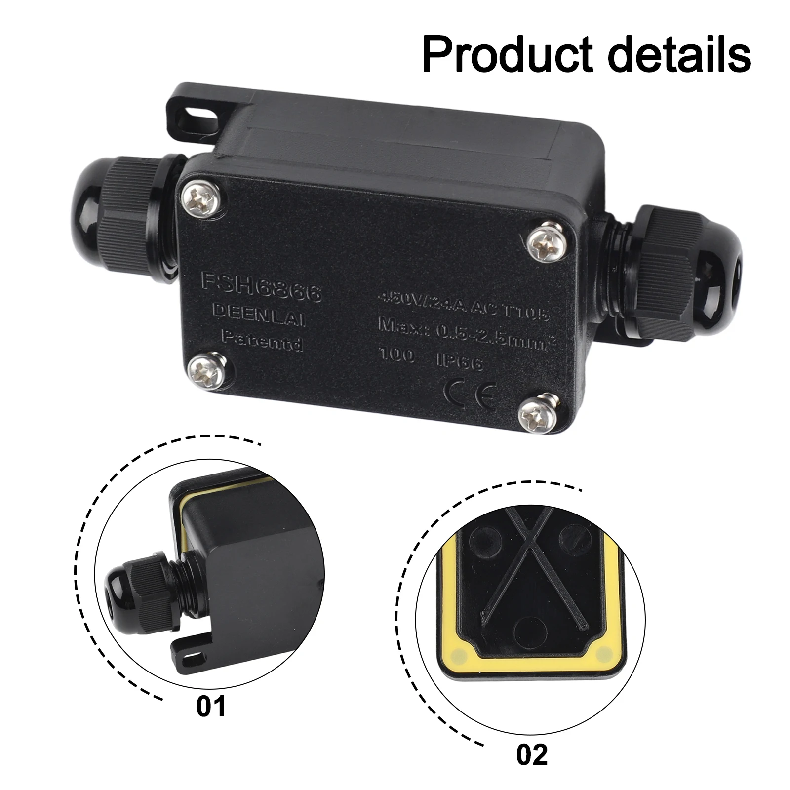 Box Junction Box 240-450V for Black IP65 Cable Connector Waterproof Junction Box for 2 Ports For Home High-quality Practical
