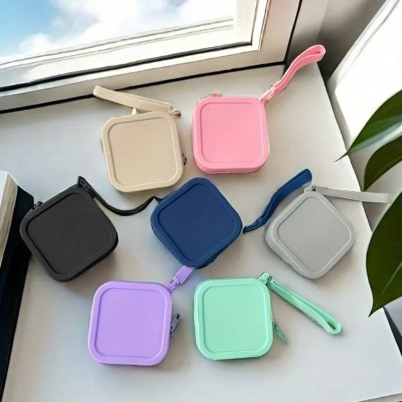 Mini Solid Color Silicone Zipper Storage Bag, Versatile Data Cable Pouch, Zipper Coin Square Purse