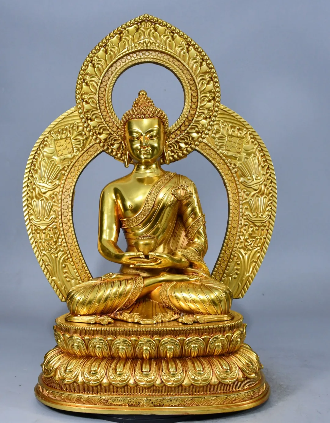 Tibetan Tantra Brass Gilt Sakyamuni Sanbao Backlit Buddha Statue Ornament Home Hall Offering Supplies 49cm