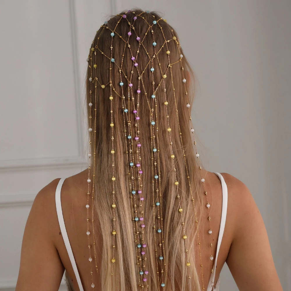 

Summer Colorful Beads Mesh Headpiece Chain Women Wig Accessories Bohemian Bridal Long Tassel Hair Bands Tiara Wedding Jewelry
