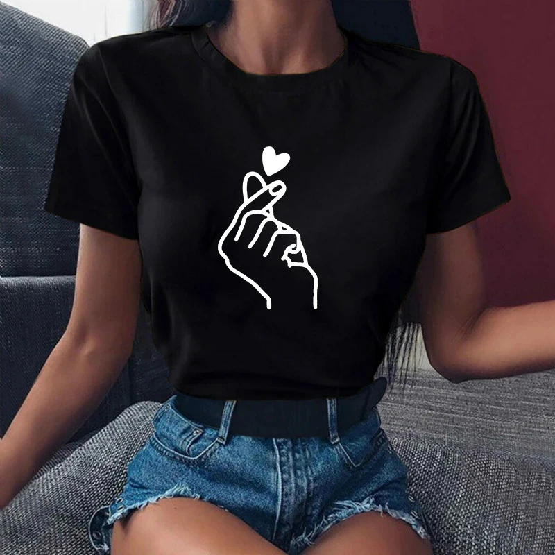 Mulheres T-Shirt Senhoras Casual Base O-Collar Camisa Branca Manga Curta Senhoras T-Shirt Amor Impressão Gráfica